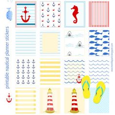 an assortment of sea themed stickers on a white background with blue, red and yellow accents