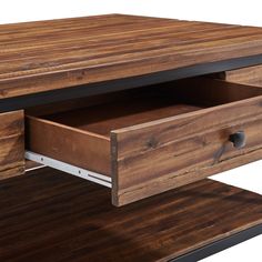 a wooden table with two drawers on top and one drawer open to show the bottom