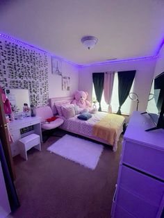 a bedroom with purple lighting and a teddy bear on the bed in it's corner