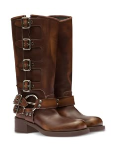 Miu Miu buckle-detail Leather Boots - Farfetch Women Leather Boots, Leather Boots Brown, Leather Biker Boots, Summer Boots, Knee Highs, Lug Sole Boots, Autumn 2023, Trending Boots, Leather Boots Women