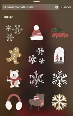 an iphone screen with various christmas stickers on the back and bottom, including snowflakes