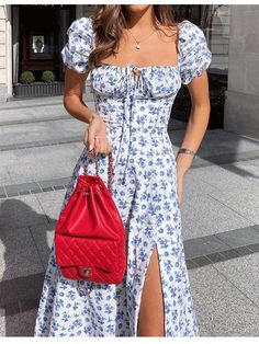 Women Floral Print Elegant A line Long Floral Dress Spring Summer Chic Party Maxi Floral Dress Robe Femme 002-S High Split Dress, Milkmaid Dress, Split Long Dress, Floral Print Dress Long, Floral Dresses Short, Maxi Robes, Sleeves Clothing, Split Dress, Long Summer Dresses