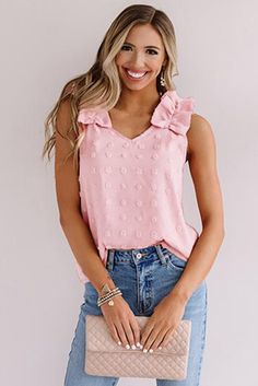 Ruffle Strap Top, Dot Texture, Ruffle Tank Top, Cozy Style, Cute Tank Tops, V Neck Tank Top, Chic Pink, Summer Style Casual, Swiss Dot