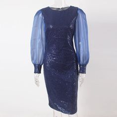 Navy Blue Sequined Long Balloon Sleeves Hollow Out O Neck Short Pencil Midi Dress Blue Sequin Bodycon Dress, Blue Sheath Bodycon Dress For Parties, Blue Sheath Midi Dress For Fall, Blue Sheath Bodycon Dress For Night Out, Elegant Blue Sequined Bodycon Dress, Blue Sequin Knee-length Dress, Blue Sheath Midi Dress For Party, Blue Knee-length Sequin Dress, Blue Knee-length Mini Dress With Sequins