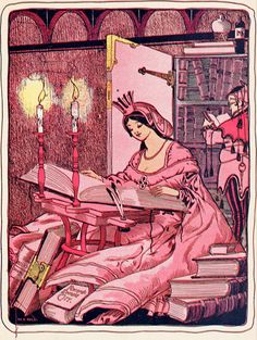 an illustration of a woman sitting at a table with books and candles in front of her