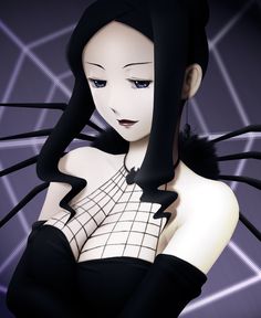 an animated image of a woman with long black hair and blue eyes, holding her hands on her chest