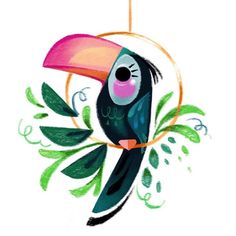 a drawing of a toucan hanging from a branch