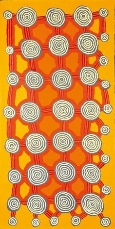 an orange and white painting with circles on it