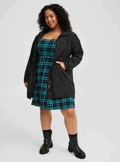 FIT Model is 5'10” wearing size 1. . Measures 38” from shoulder (size 2). Longline silhouette. . MATERIALS + CARE 100% polyester. Machine wash cold. Line dry. . Imported. . DETAILS Hooded neckline. . Front zip. Long sleeves. . Wind and water resistant. . Fur lining. . The best plus size women's fur lined rain jacket jackets in deep black made of polyester. Torrid is your destination for cozy fall and winter clothes to keep you warm and comfortable. Plus Size Long Winter Coat, Long Winter Coats, Fitted Wedding Dress, Feel Pretty, Deep Black, Winter Clothes, Cozy Fall, Fur Jacket, Casual Jacket