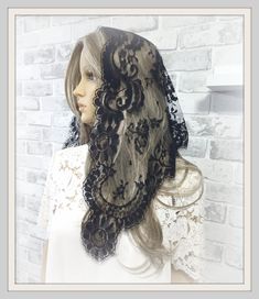 "Vintage, Church Spanish Mantilla is made of a light extra soft  french lace. This mantilla is very elegant with a feminine look, and it covers the head down to the shoulders and stays away from your face. It measures 44\" x 18\" Check this mantilla in other colors available in our storeYou can purchase the sewn snap comb to secure mantilla in place and prevent from slipping https://www.etsy.com/listing/825065625/add-a-snap-comb-sewn-to-your-veil-veil?ref=shop_home_active_1&frs=1 Some of our veils/mantillas are already made ready to ship and some are custom made, so if you have something in mind but don't find in our store don't hesitate to contact us, we answer our email within 24 hours. If the item is ready to ship we ship it within 2-3 days, if it need customization we need about 2 week Elegant Lace Veil With Lace Trim, Elegant Delicate Lace Veil, Elegant Fitted Veil With Lace Trim, Lace Trim Veil, Spanish Mantilla, Beautiful Veil, Chapel Veil, French Lace, Feminine Look