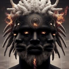 a man's head with fire coming out of his eyes and hair on top of it