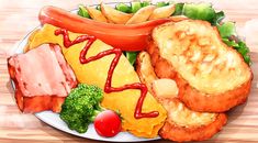 a plate filled with different types of food on top of a wooden table next to fries and ketchup