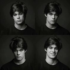 four different shots of a young man in black and white, with multiple facial expressions