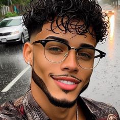 a man with glasses and a beard standing in the rain