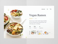 a website page for vegan ramen, with two bowls of food in the background