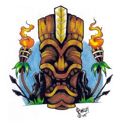 a drawing of a tiki mask with flames coming out of it