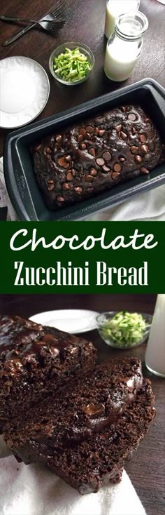 chocolate zucchini bread on a white plate and in a black baking pan with green sprouts