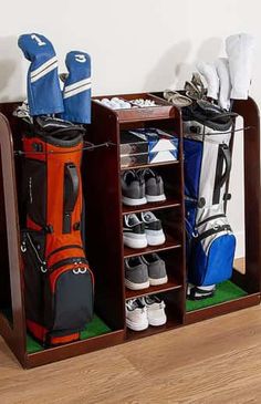 several different types of golf gear in a rack