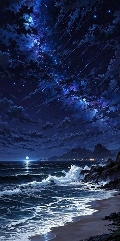 the night sky is full of stars and clouds over the ocean with waves crashing in front of it