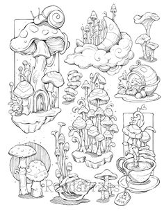 an ink drawing of different types of mushrooms and other things in the sky with clouds