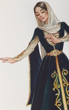 a drawing of a woman dressed in blue and gold