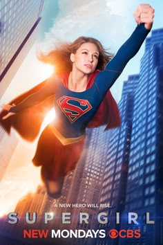 the poster for supergirl new monday's occs shows a woman flying through the air with her arms in the air