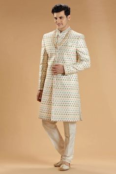 Engagement Sherwani, Wedding Sherwani, grom, Groom Sherwani, Mens Wedding Wear, men fashion, sherwani accessories Cream Silk, Work Design