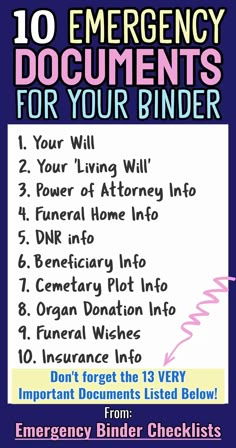 Important Documents Binder Organization Checklists - 10 Emergency Documents you need in your binder, notebook, planner or filing system. From Emergency Binder Checklist List Of Important Documents To Keep, Important Documents Checklist, Life Binder Categories, Emergency Binder Checklist, Emergency Documents, Trust Documents, Emergency Folder, Getting Your Life Together Checklist