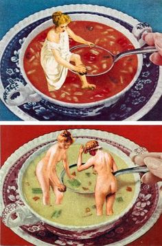 two pictures of people in a bowl with spoons