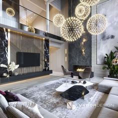 a modern living room with black and white furniture, chandelier and marble fireplace