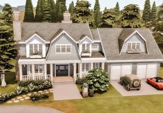 this is an artist's rendering of a house with two cars parked in the driveway