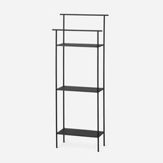 a black shelf with three shelves on each side