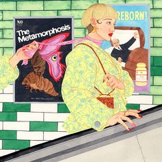 a painting of a woman on an escalator in front of a magazine cover