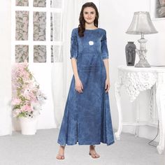 Denim Dress Long - PUSHMYCART Casual Cotton Maxi Dress With Side Slits, Medium Wash Cotton A-line Denim Dress, Blue Cotton A-line Denim Dress, Cotton Midi Dress With Side Slits, Full Length Dresses With Side Slits For Spring, Full-length Spring Dresses With Side Slits, Indigo Cotton Midi Length Denim Dress, Indigo Cotton Denim Midi Dress, Blue Cotton A-line Maxi Dress