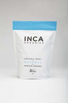 organic wheyy natural protein powder in a bag on a white background with blue border