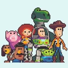 an image of pixel art with some characters in front of the character from toy story