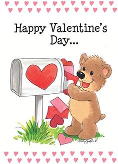 a valentine's day card with a teddy bear and mailbox