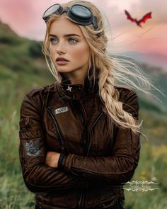 a woman with long blonde hair and goggles on her head is standing in a field