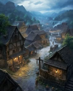 a painting of a village in the rain