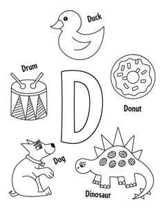 the letter d is for dinosaur and other animals with their names in black and white