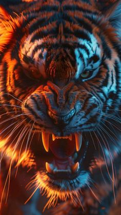 a tiger with its mouth open and it's teeth lit up by the sun