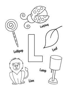 the letter l is for lollipop coloring page with pictures and words to color