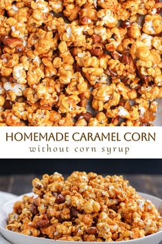 homemade caramel corn in a white bowl