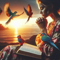 a woman sitting in front of a book with birds flying around her and the sun setting behind her