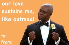 a man wearing a tuxedo and holding a flower in his hand with an orange background that says our love maintains me, like oatmeal to from