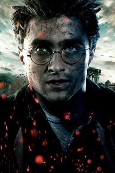 harry potter is staring at the camera in front of an image of hogwart's castle