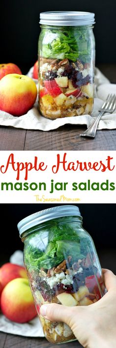 an apple harvest mason jar salad is shown in two separate images with the title above it