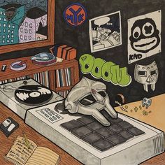 a drawing of an old record player in front of a mirror and other items on the table