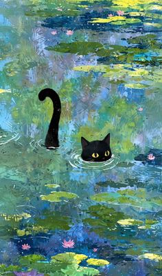 a painting of a black cat swimming in water with lily pads on the bottom and yellow eyes