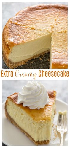 two different views of a cheesecake with whipped cream on top and an extra creamy cheesecake in the middle